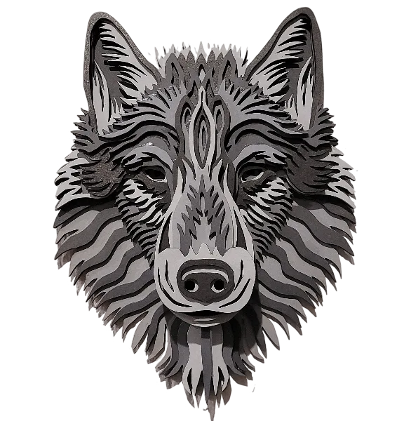 Lobo Gris decorativo de 13 capas en MDF, tonos grises, pintado a mano